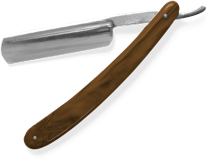 Open straight razor with wooden handle and metal blade.